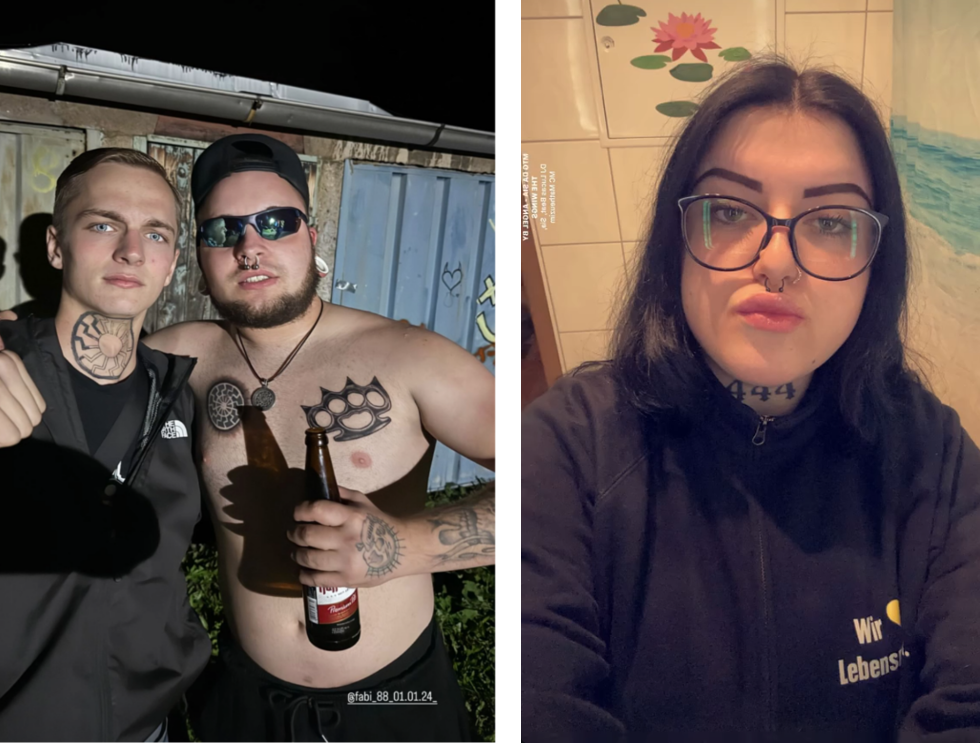 Bild links: Noah Schumann und Fabian Nöbel mit der tätowierten Schwarzen Sonne. Bild rechts: Stella Schmidt mit Edeka-Arbeitskleidung und dem sichtbaren "444"-Tattoo auf dem Hals.