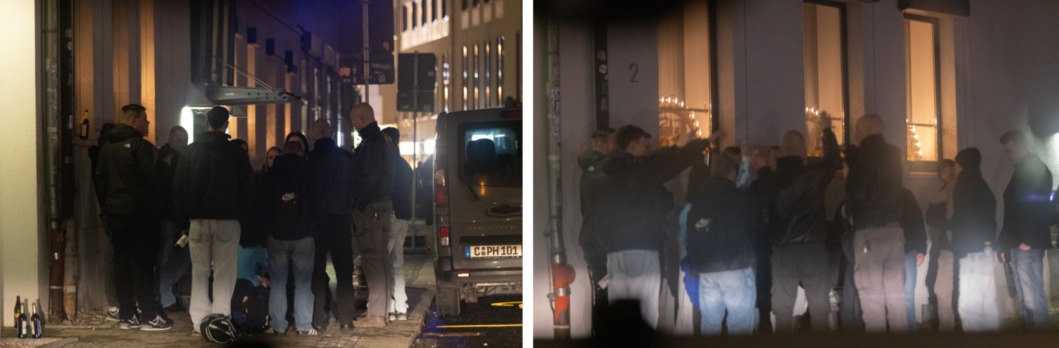 Plenum der "Chemnitz Revolte" vor dem REWE in der Chemnitzer Innenstadt. Ganz links Florian Schindler, daneben hinten: Lukas Liege, halb verdeckt: Lavinia, rechts Jerry Meyer und Semino Ochmann. Linda, Stella Schmidt und Lucas Felber sind verdeckt, andere unbekannt.