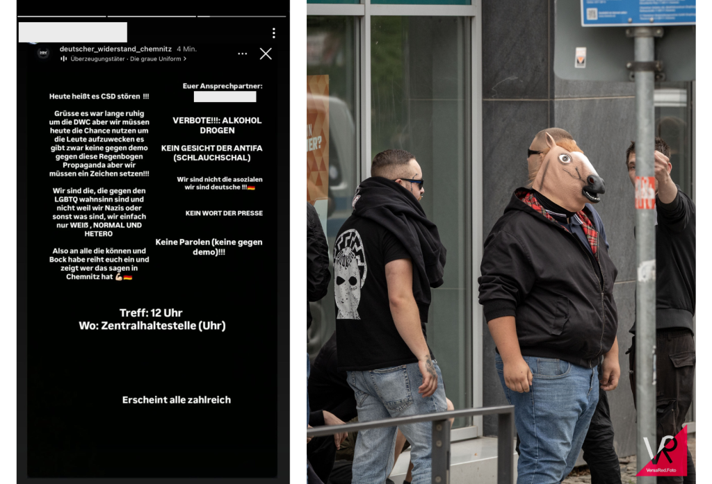 Links: Aufruf vom "Deutschen Widerstand Chemnitz" zum Protest gegen den CSD Chemnitz (Quelle: Screenshot, Instagram), rechts: Lars setzt am 26.07.2025 den Ausruf "Kein Gesicht der Antifa" um (Quelle: VersaRed)