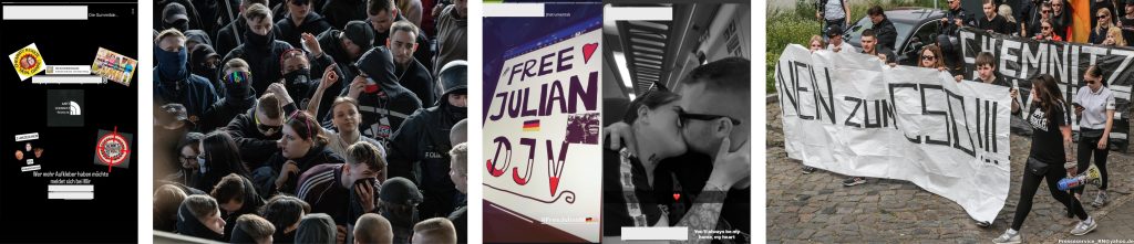 Links: Stickern gegen die Chemnitz Revolte (Quelle: Screenshot, Instagram)], mitte-links: Stella Schmidt und Morice Knöbel am 22.03.2025 in Berlin auf einer von Ferhat Sentürk ausgerufenen, neonazistischen Demonstration (Quelle: VersaRed)], mitte-rechts: Stella Schmidt und Julian Milz (Quelle: Screenshots, Instagram)], rechts: Stella Schmidt und das "Chemnitz Revolte"-Banner gegen die DJV und den CSD in Falkensee am 05.07.2025 (Quelle: Presseservice Rathenow)]