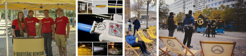 Links: Almut Wolf, Hermann Fröhlich, Vincenzo Richter und Maximilian Thorn (v.l.n.r) betreuen den ersten IB-Stand in Chemnitz 2020. Mitte-links: Auswüchse des „Basisaktivismus“: Identitäre Einkaufschips. Mitte rechts: Vincenzo Richter und Adrian Segner (mit Megafon) bei Kundgebung im Oktober 2021. Rechts: Dario Gieß, Vincenzo Richter und Amy Oehme bei der IB-Kundgebung.