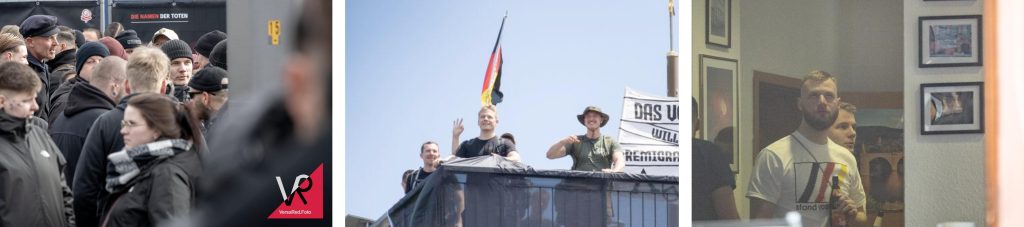 Links: Unbekannt 2 (mit gerippter Mütze) auf dem Neonazi-„Trauermarsch“ 2025 in Dresden. Foto: VersaRed. Mitte: Unbekannt 2 bei Videodreh während der „Stolzmonat“-Wanderung im Juni 2025 in Chemnitz. Foto: Pixelarchiv. Rechts: Tony Kraft und Unbekannt 2 beim „Stammtisch“ mit Jonas Greindberg im April 2024 im „Zentrum Chemnitz“. Foto: Pixelarchiv.