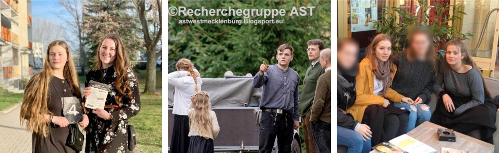Links: Almut Wolf und Amy Oehme bei IB-Verteilaktion im März 2021 in Chemnitz. Mitte: Hermann Fröhlich beim „Sturmvogel“-Jubiläum in Cossen 2017. Foto: Recherchegruppe AST. Links: Die Bündischen Annemarie Füßlein und Almut Wolf im „Alex“ Chemnitz.