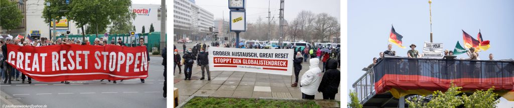 Links: IB mit Fronttransparent „Great Reset Stoppen“ im Juli 2022 in Leipzig. Robert Kuhn, Rene Klepsch, Vincenzo Richter, Luna Krancic und Mathias Arnold (v.l.n.r.). Foto: Paul Hanewacker. Mitte: IB Chemnitz mit Transparent zum „Großen Austausch“ mit Amy Oehme und Vincenzo Richter. Rechts: Aktion zum „Stolzmonat“ in Chemnitz-Rabenstein. Foto: Pixelarchiv.
