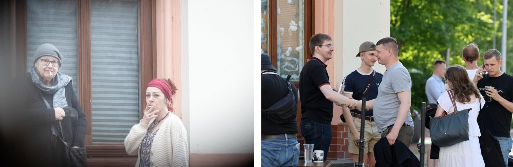 Links: Stephanie Grothaus (AfD) und die Partnerin von Kenan Esau vor dem „Zentrum Chemnitz“ zum „Stammtisch“ im April 2024. Rechts: Leonhard Stottmeister und Robert Andres (Freie Sachsen) mit IB-typischem „römischen Handschlag“ bei „Stolzmonat“-Kundgebung im Mai 2025.