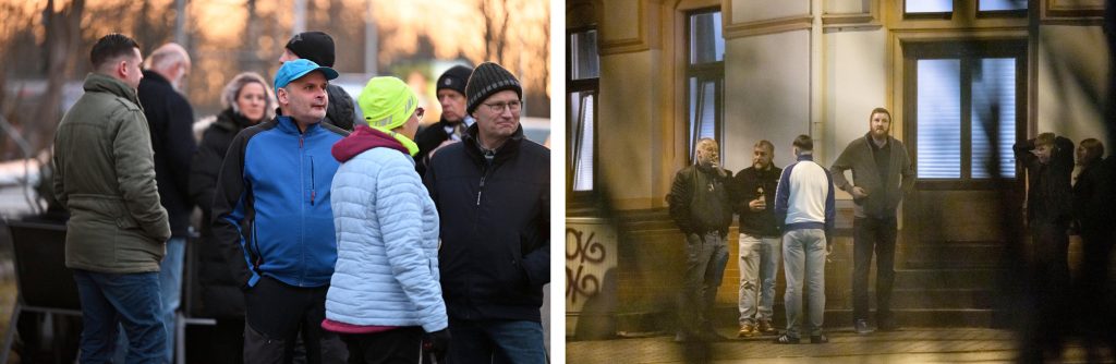 Links: Ältere Besucher*innen bei „Stammtisch“ mit Martin Sellner. Links mit Cap: André Jelinek. Foto: Recherche Nord. Rechts: Neonazis bei Veranstaltung mit „WolfPMS“ im „Zentrum Chemnitz“. V.l.n.r.: Martin Tröger (Zwönitz), Eik Udo Oelschlägel, Tom Zimmermann, Sebastian Funk (ehem. Nationale Sozialisten Chemnitz), JN-Interessierte Ole und Alma Willhardt. Foto: Pixelarchiv.