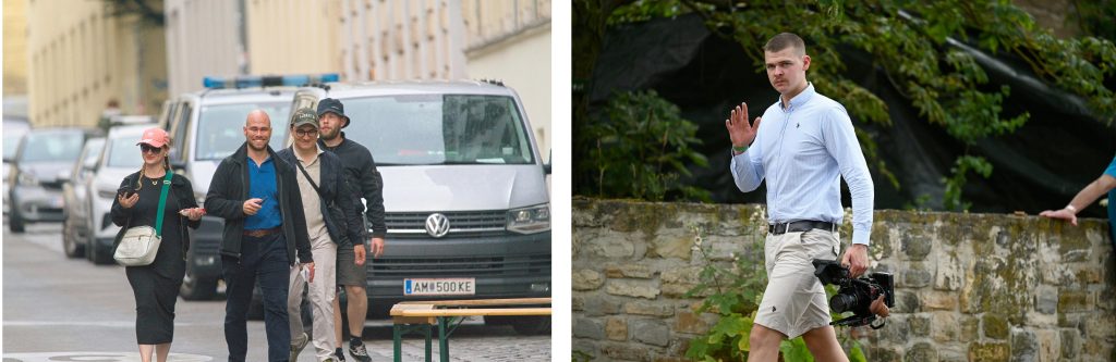 Links: Unbekannt, Vincenzo Richter, Mattisse Royer und Unbekannt 3 am Vorabend zur „Jahresdemo“. Foto: Theo Winkler. Rechts: Lucas Wenzel beim „Sommerfest“ in Schnellroda. Foto: Recherche Nord.